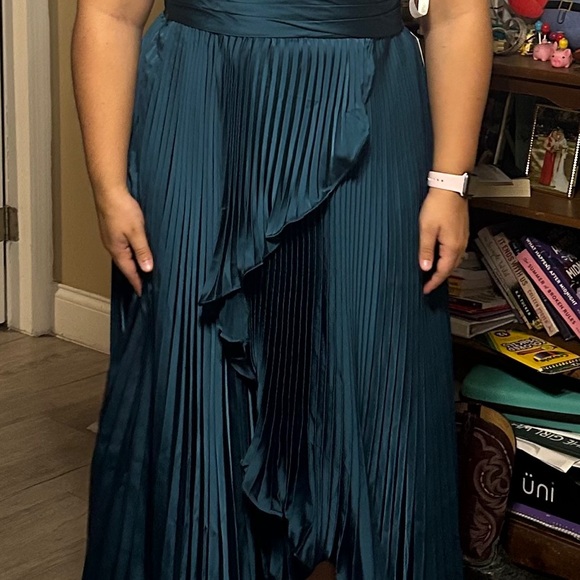 Azazie One Shoulder Teal Pleated Dress - Picture 6 of 8